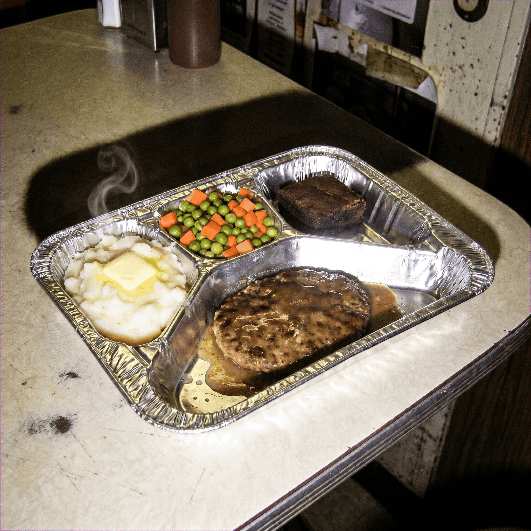 A compartmentalised retro TV-dinner tray with four sections of food, lit by hard 2007 flash.