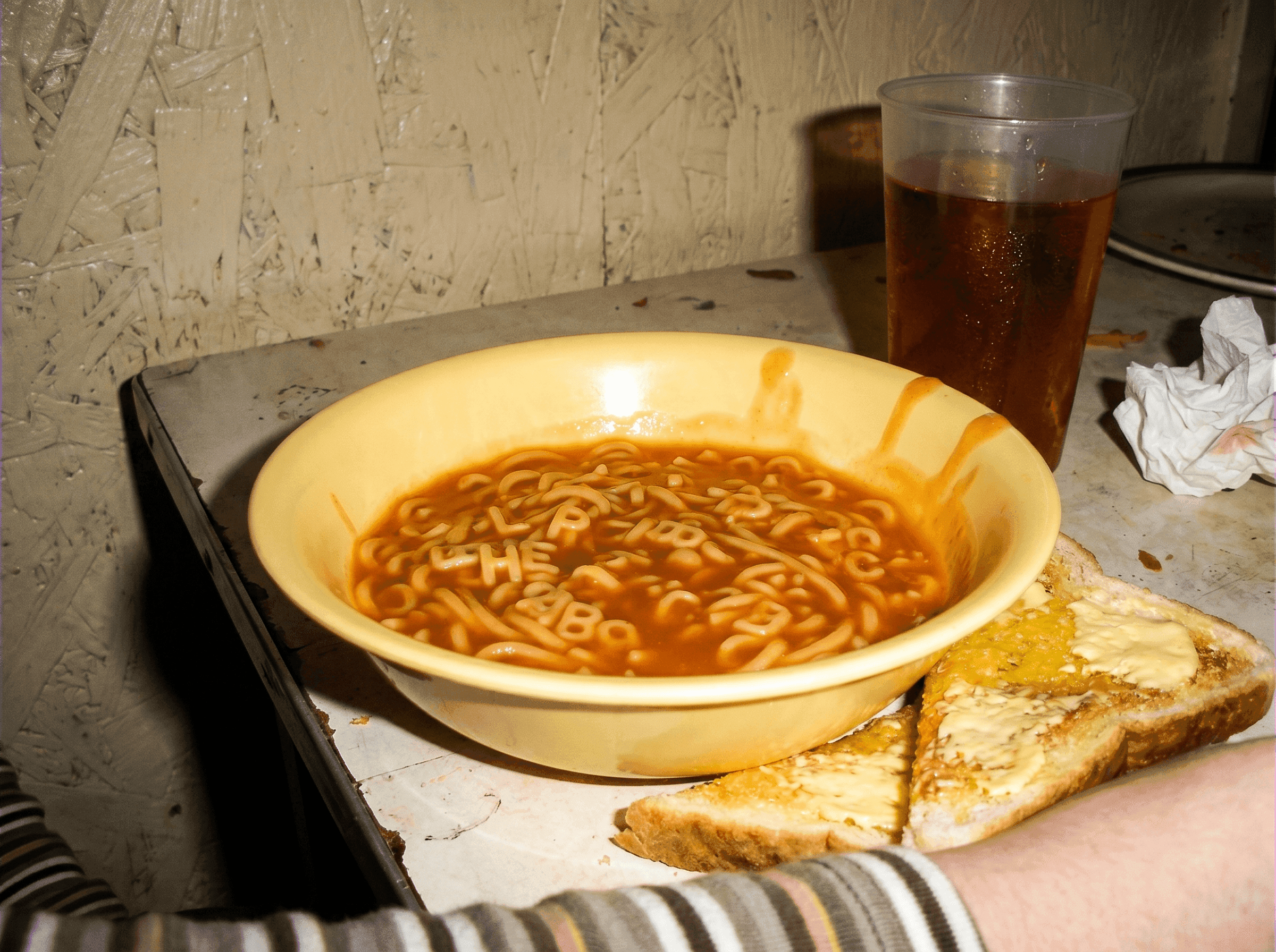 A bowl of tinned alphabet spaghetti spilling letters across a Formica diner table, lit by direct flash.