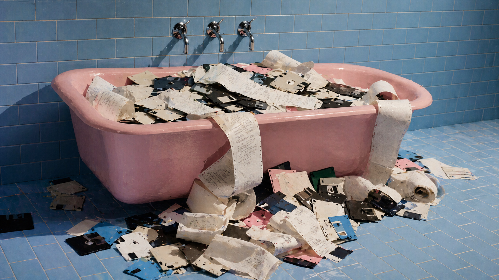 A pink bathtub overflowing with floppy disks and receipt paper in a blue-tiled bathroom