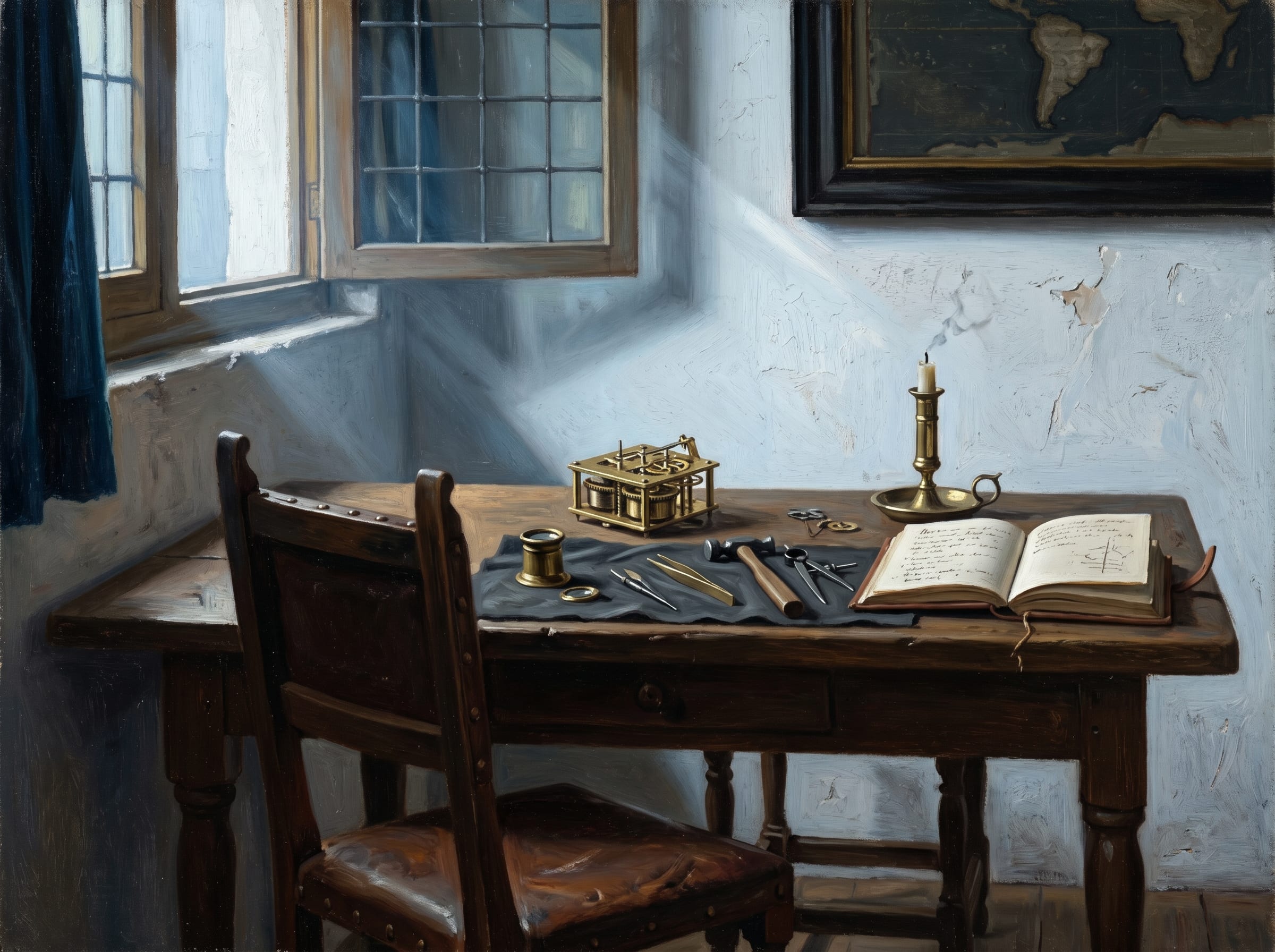 Oil painting of a craftsperson's desk with precision instruments
