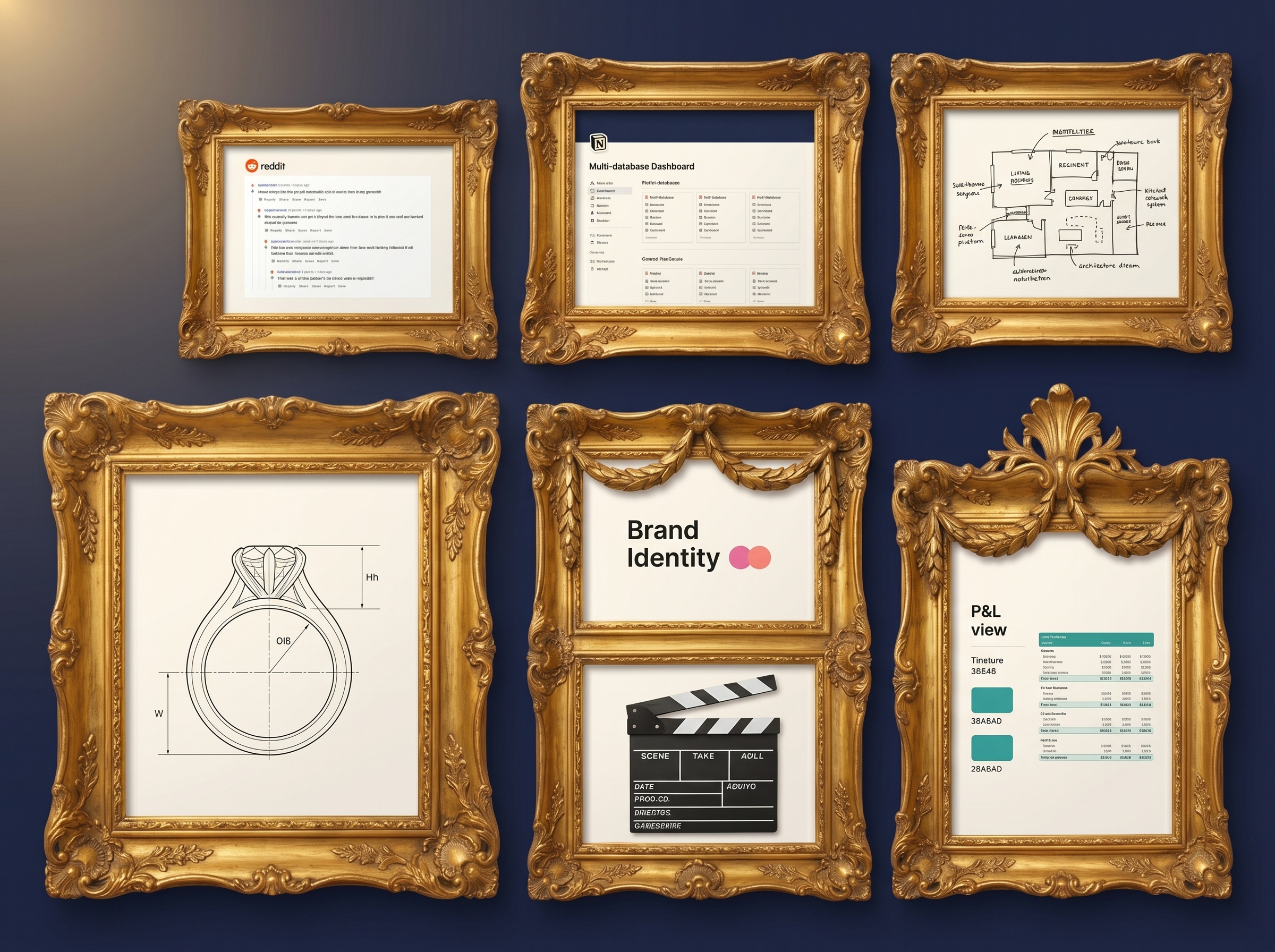 Gallery of project screenshots in ornate frames