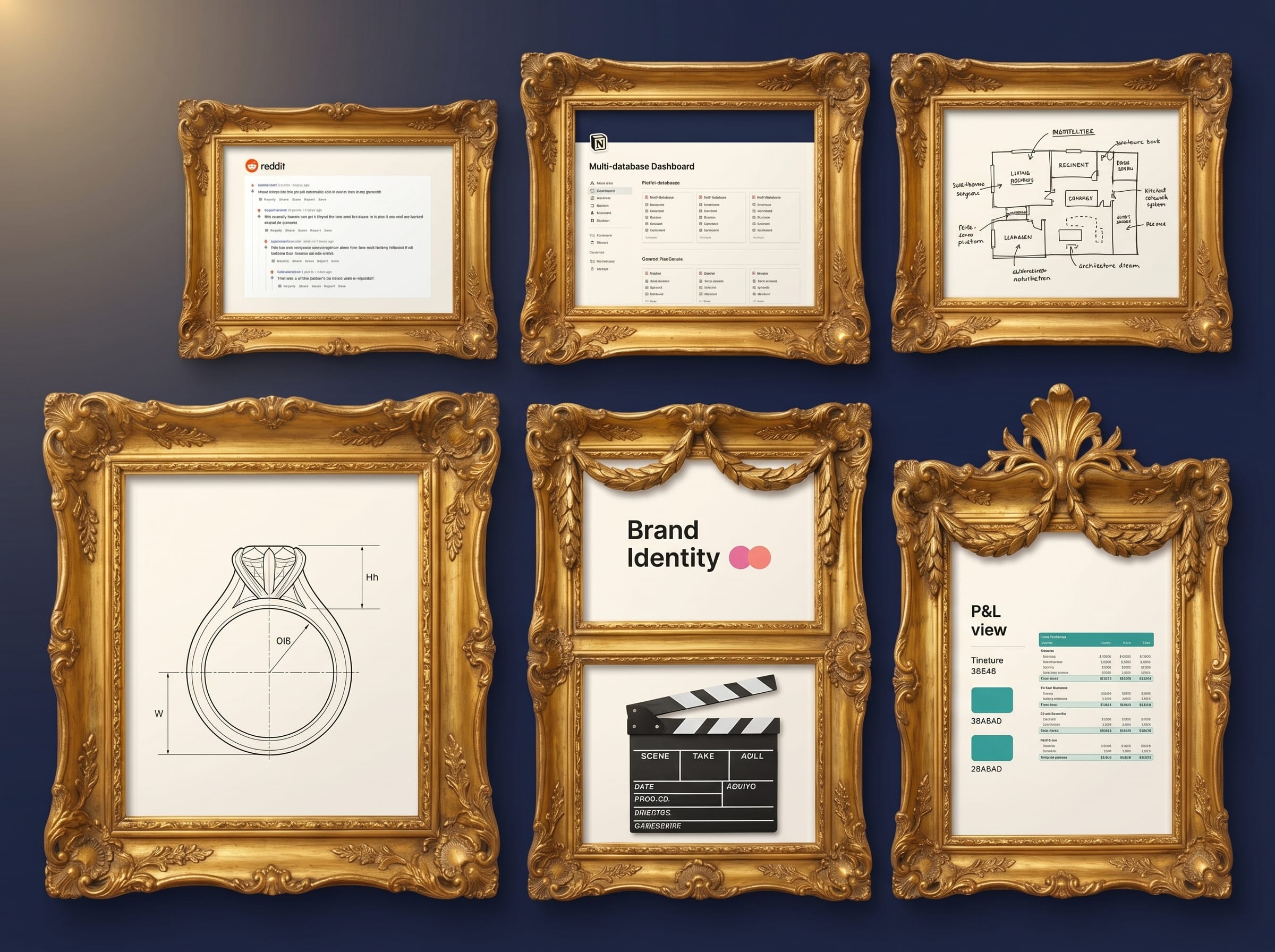Gallery of project screenshots in ornate frames