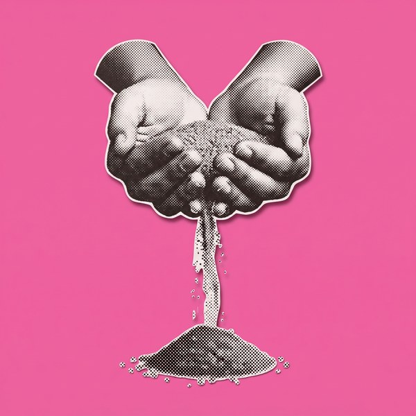 Halftone illustration of two hands pouring sand, on a pink background.