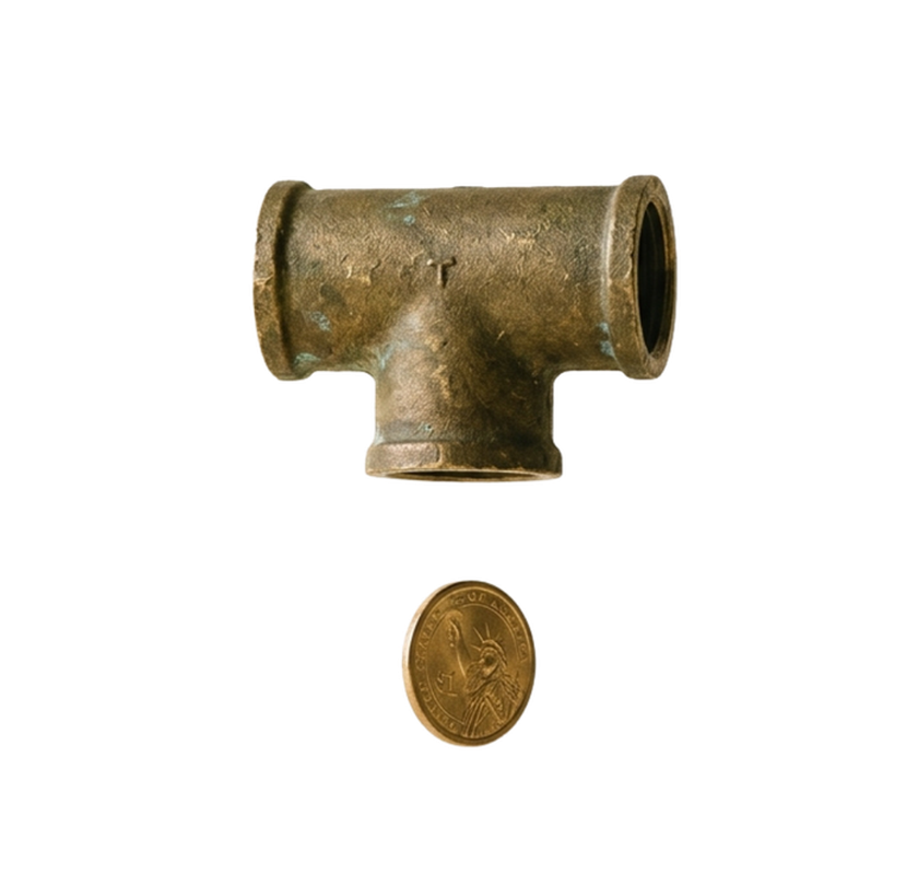 A brass T-junction pipe fitting next to a US dollar coin, illustrating transparent pricing