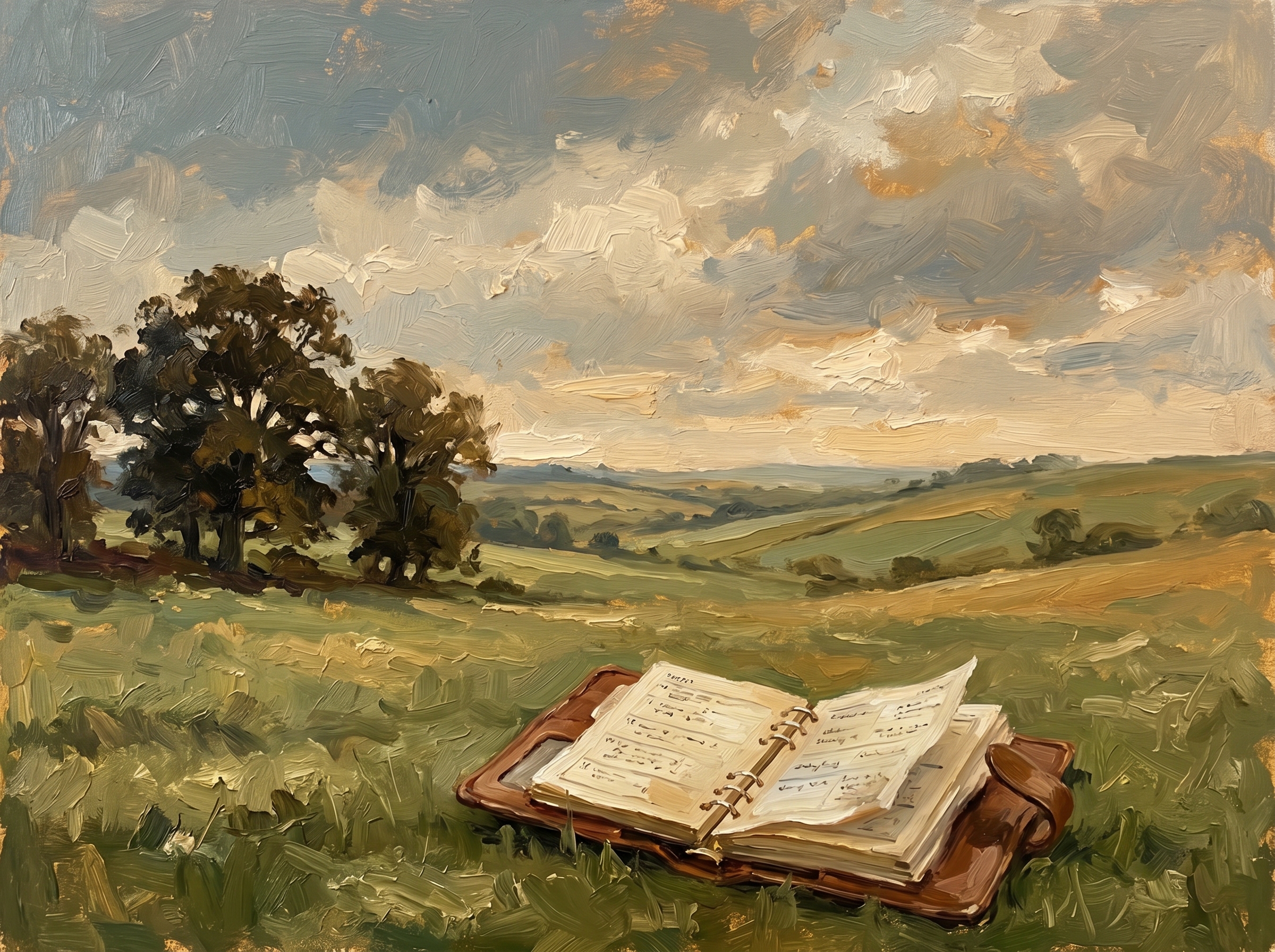 Oil painting of an open planner on a countryside hilltop