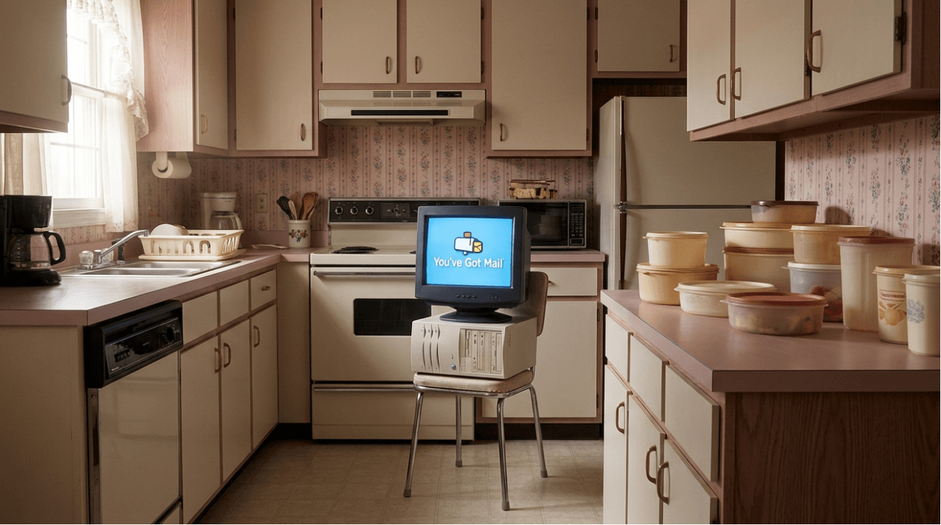 A CRT computer showing AOL's 'You've Got Mail' screen sits on a kitchen chair in a late-80s suburban kitchen, surrounded by Tupperware.